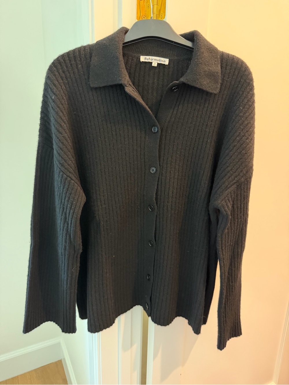 Reformation Black Ribbed Collared Button Cardigan